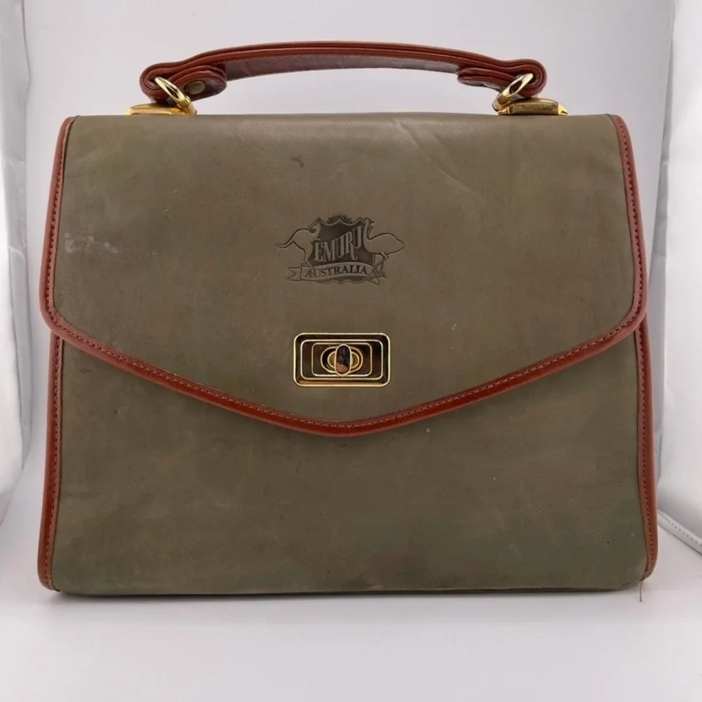Vintage Emuri Australia Olive Green Leather Satchel Top Handle Bag